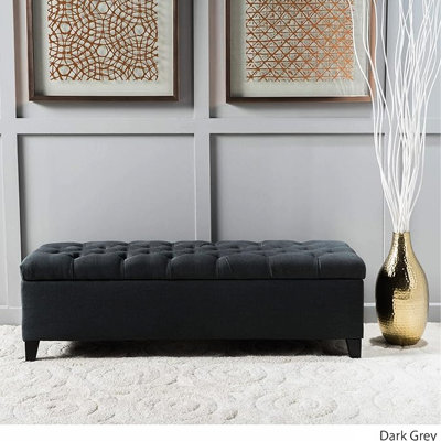 Tissu moderne gris foncé, 132 cm de largeur x 43,4 cm de profondeur x 43 cm de hauteur, bouton à point de losange, base en bois de bouleau avec détails et ornements gris, 130 x 44,5 x 43,2 cm, confection, article polyvalent