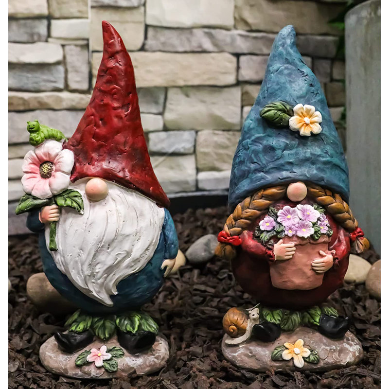 Ensemble 2 pièces de gnome en couple avec une chenille et des fleurs tenant une fée Eginhardt
