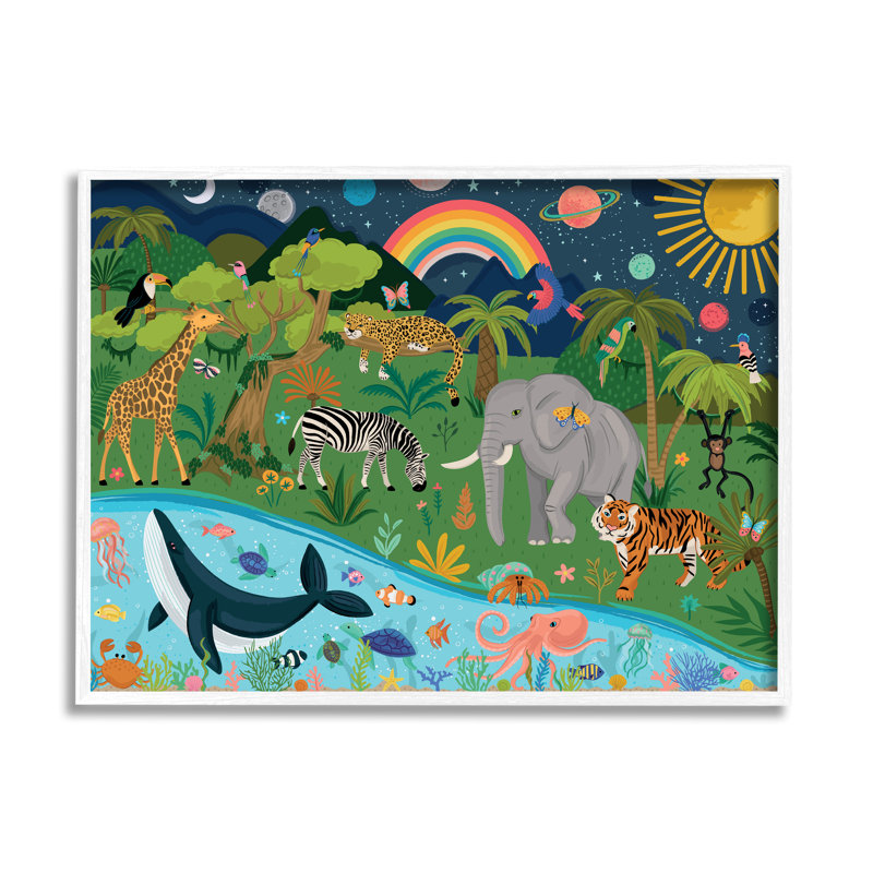 «Jungle Animals Sea Creatures Under Night Sky Planets» par Lisa Perry White bouton, L 30 po x H 24 po
