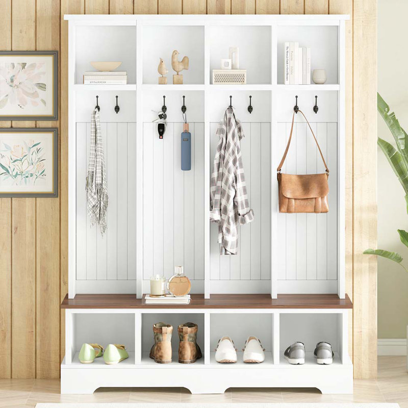 Farmhouse 59"W Wide Hall Tree with 8 Hooks, White