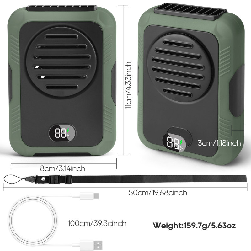 Portable Waist Fan with Digital Display 3 Speeds USB Rechargeable Clip On Fan, Green