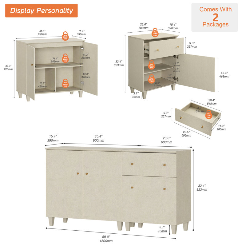 Buffet 2 en 1 avec portes et tiroir, 59 po, Beige