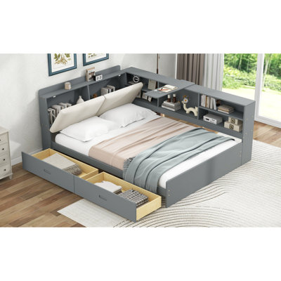 Structure de lit double en bois gris avec tête de lit avec rangement, 2 tiroirs et assemblage rapide