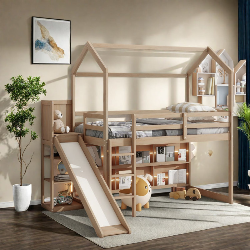 Lit mezzanine en bois multifonctionnel avec glissoire, tablettes et lumière