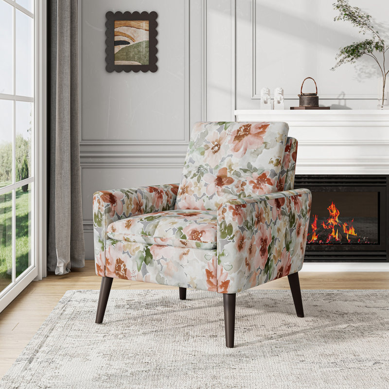 Chaise avec accoudoirs décorative orange pastel et vert floral avec pieds en bois massif brun foncé