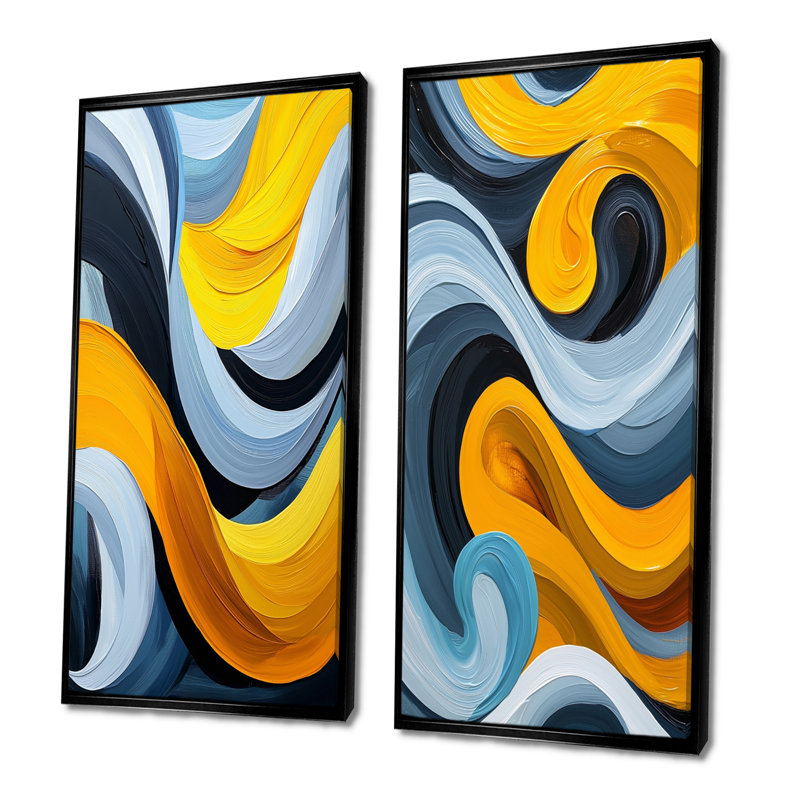 Bleu et jaune, lignes de vapeur océaniques I - Collection d'art mural abstrait 2 pièces, Cadre flottant noir