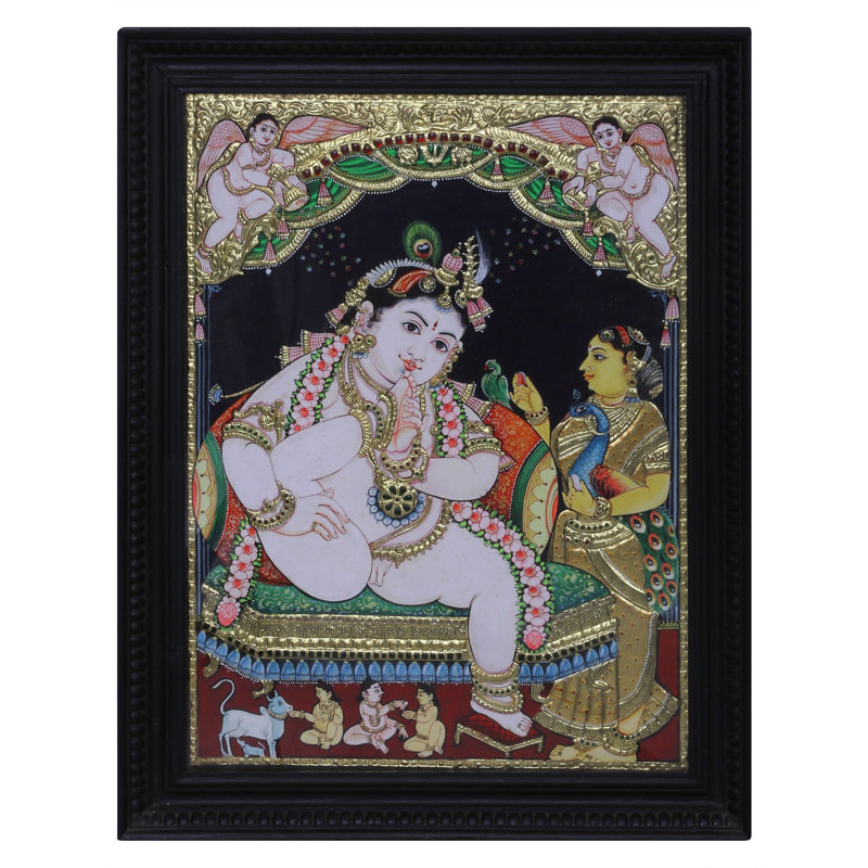 Lord Bala Krishna Tanjore, peinture | Couleur traditionnelle avec or 24 carats | Avec cadre