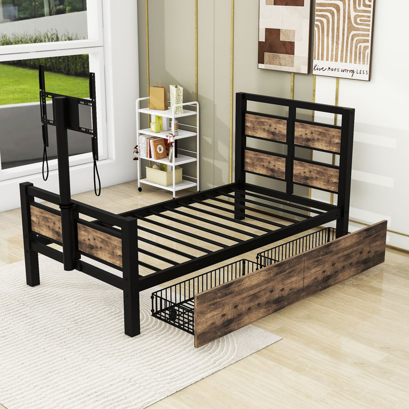 Lit plateforme avec rangement Cropsey, Noir/brun
