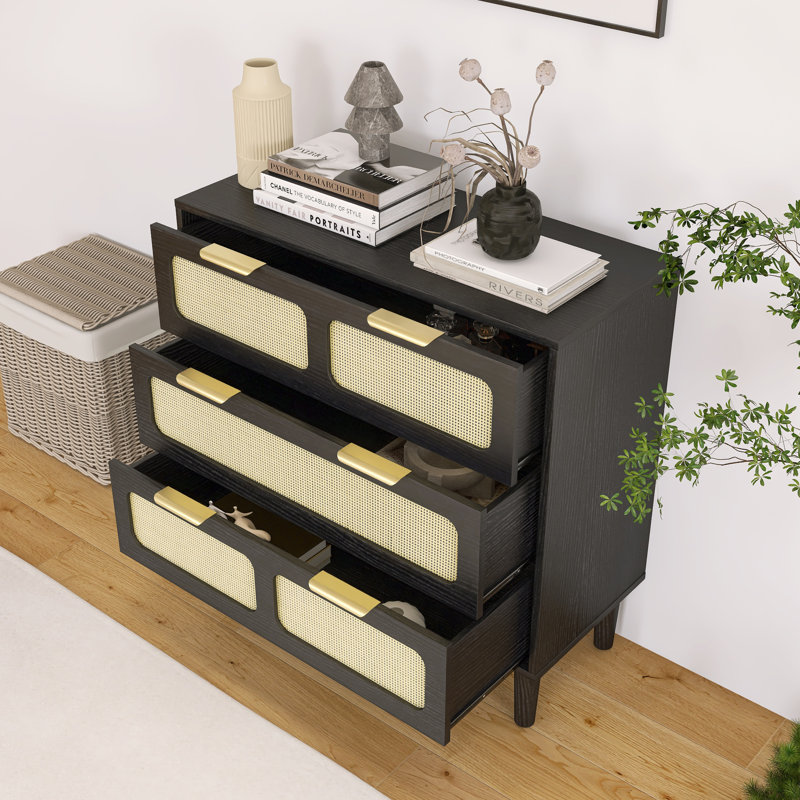 Commode moderne en rotin à 3 tiroirs, Marron foncé
