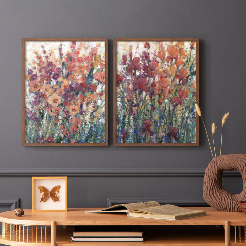 Sunlit Flowers I-Premium, reproduction encadrée - prête à être accrochée - aucun clou requis - aucun clou requis, Noyer