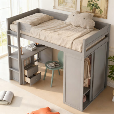 Premium Solid Wood Loft Bed with Built-In Wardrobe & Study Desk