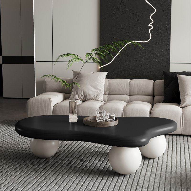 Table basse de 47 pouces en forme de nuage avec 3 pieds sphériques pour le salon, pieds noirs et pieds blancs, White/Black