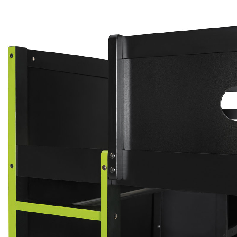 Lit mezzanine en bois avec bureau et rangement, Vert / noir