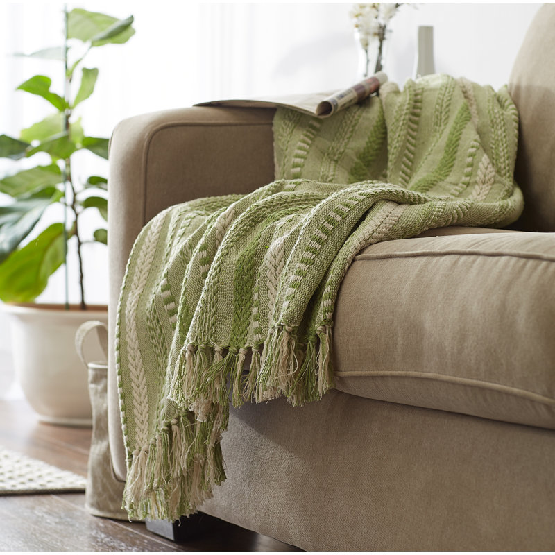 Antique Green Cotton Braided Stripe Throw Blanket