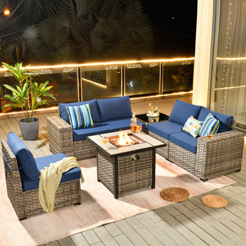 Evanna 5 - Person Patio Conversation Set with Cushions, Navy Blue