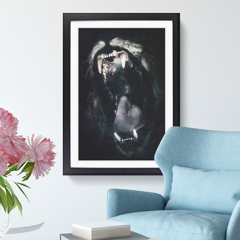 Roaring Lion - Single Picture Frame Painting on MDF, 87cm H x 62cm W x 2cm D, Black Framed