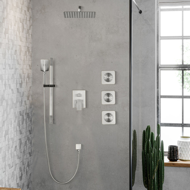 Shower System With 3 Body Jets,12 Inch Wall Mounted Rainfall Shower Set Rain Shower Head And Handheld Spray, Brushed Nickel