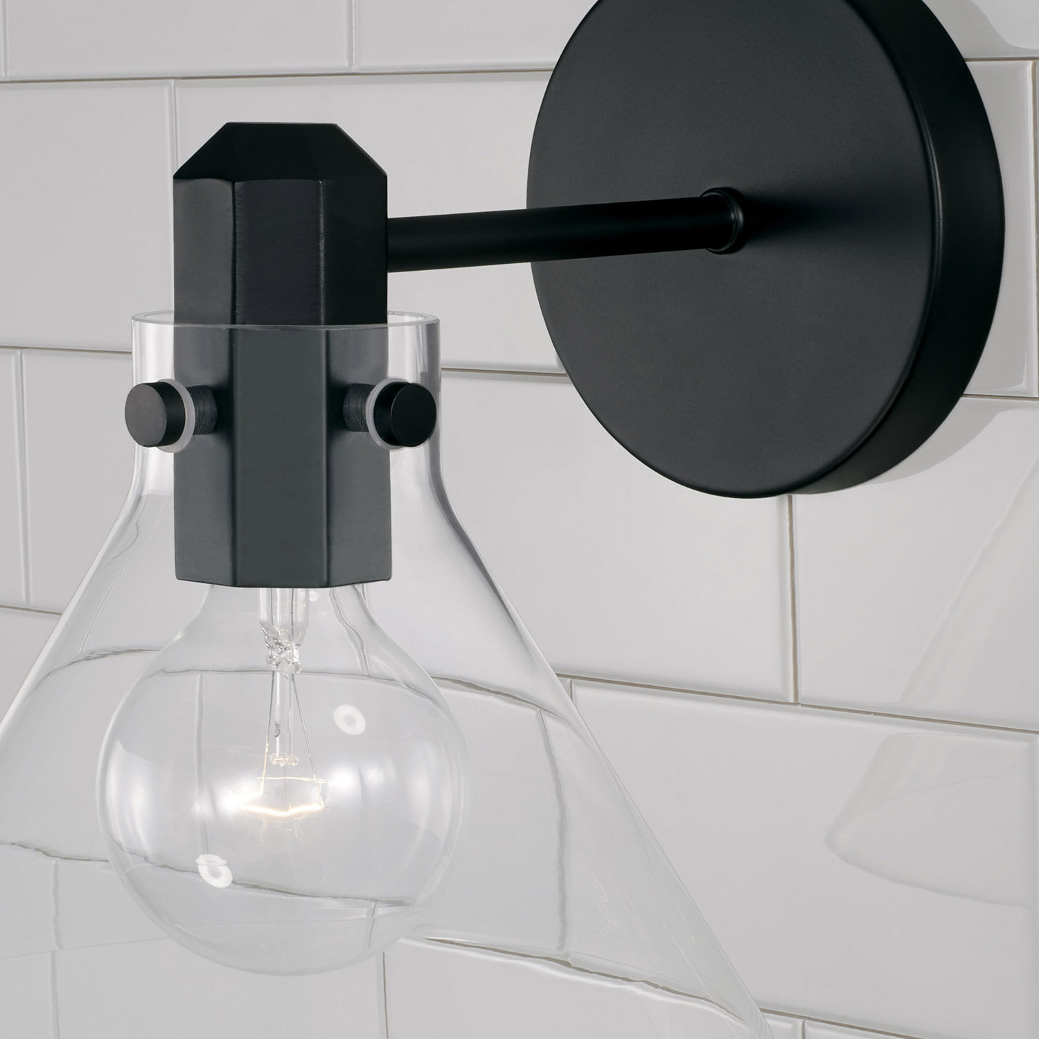 Single Light Glass Dimmable Armed Sconce, Matte Black