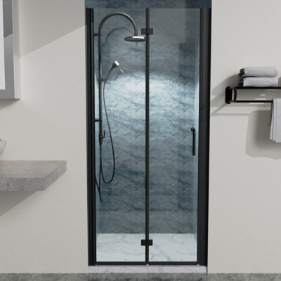 34 à 35 3/8 po X P 72 po H Portes de douche pliantes sans cadre en noir mat avec verre transparent