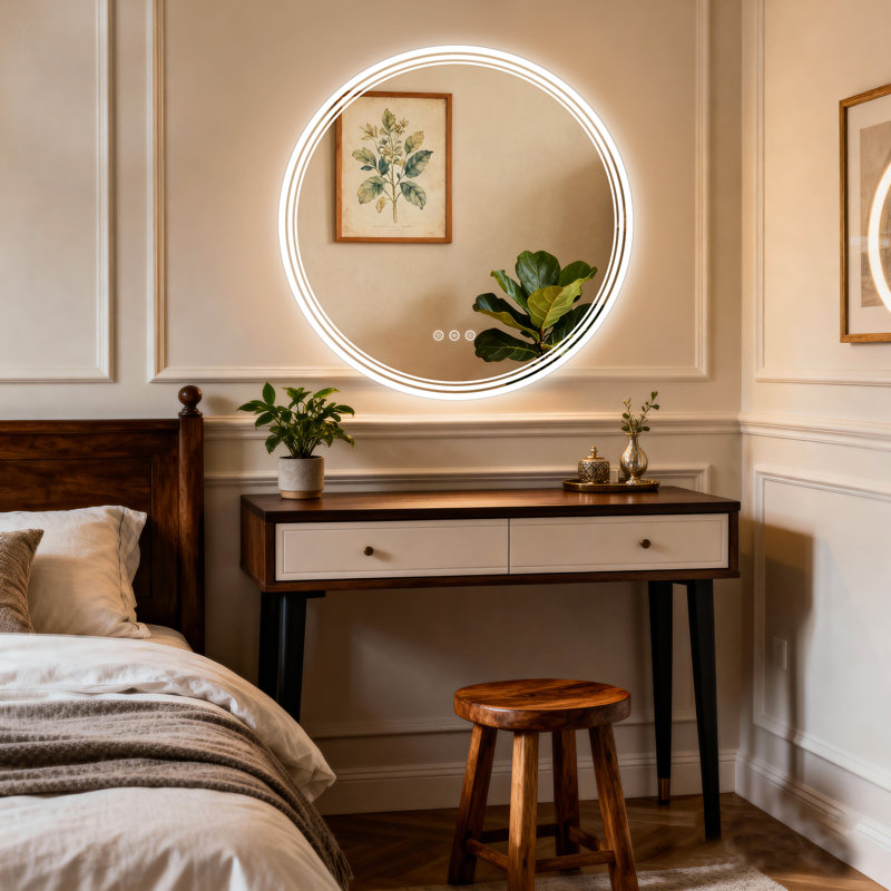 Miroir de salle de bain rond à DEL sans cadre rétro éclairé avec lumières, 30 po x 30 po, Rond