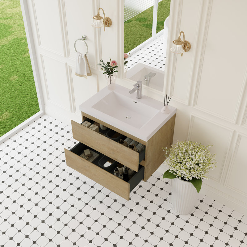 30" Floating Bathroom Vanity Modern Wall-Mounted Single Vanity with Integrated Resin Top, 2 Soft Close Drawers, Full Assembly