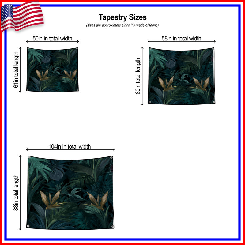 Tropical Foliage Illustration Wall Tapestry - Tropical Wall Decor, 50in H x60in W with 4 Grommets
