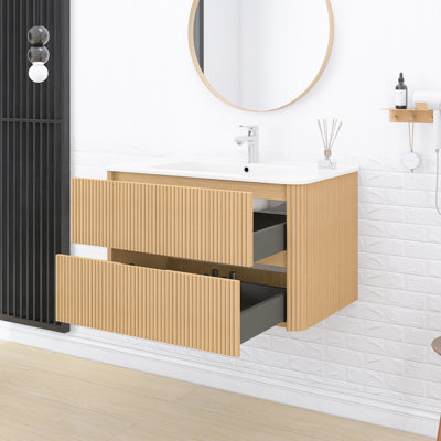 Meuble-lavabo 36 po avec lavabo, armoire de rangement murale rayée en contreplaqué flottant avec 2 tiroirs, lavabo rectangulaire en céramique blanche, sans robinet, pré-assemblé, couleur grain de bois naturel