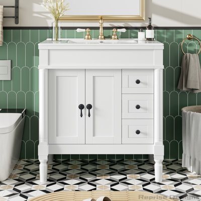 Ensemble d'armoire de rangement pour salle de bain 30 po, lavabo en céramique, 2 portes, 3 tiroirs, tablette ajustable en forme de U