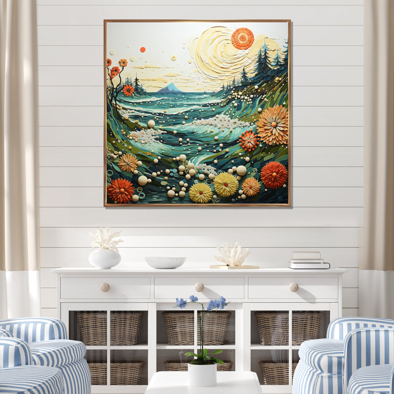Beach Tidepool Symphony Pointillism I, H 24 po x l 24 po x P 1 po, Cadre flottant doré