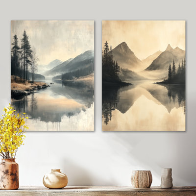 Gris, minimalisme, paysage d'hiver de la Norvège, ensemble de 2 reproductions d'art mural en métal surdimensionnées