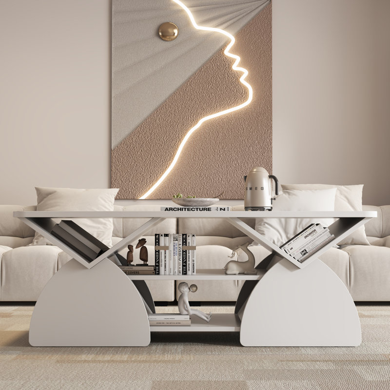 Table basse de coin arrondie avec tablettes ouvertes, Blanc