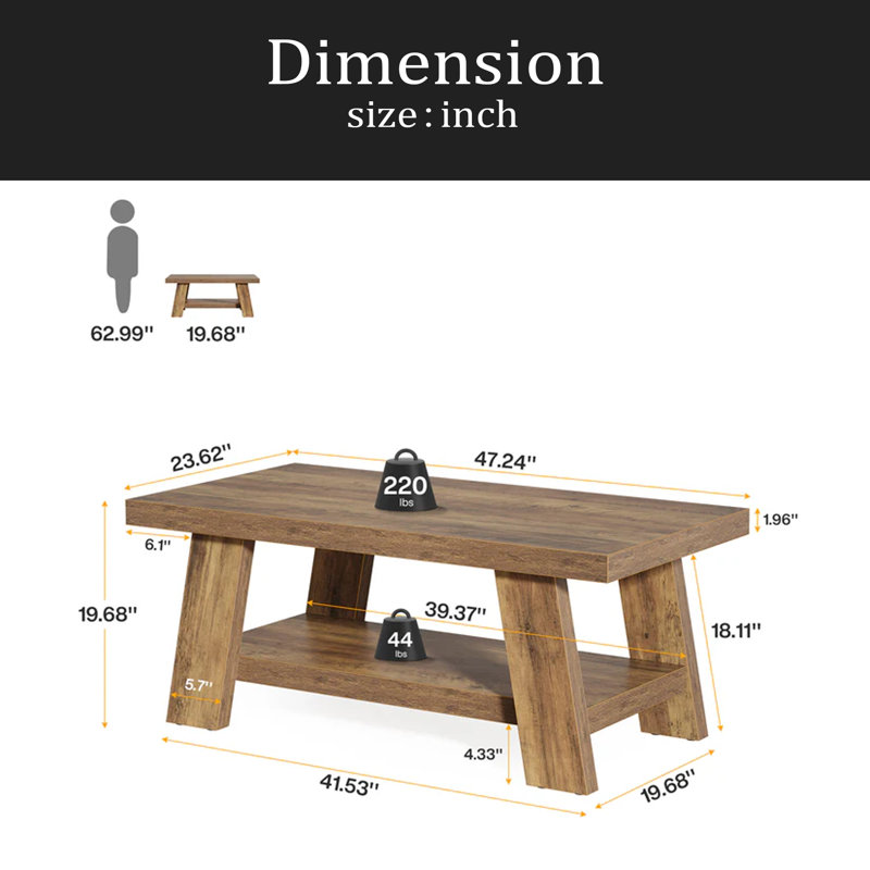 Rustic Tea Table,Spacious Coffee Table,2-Tier Center Table