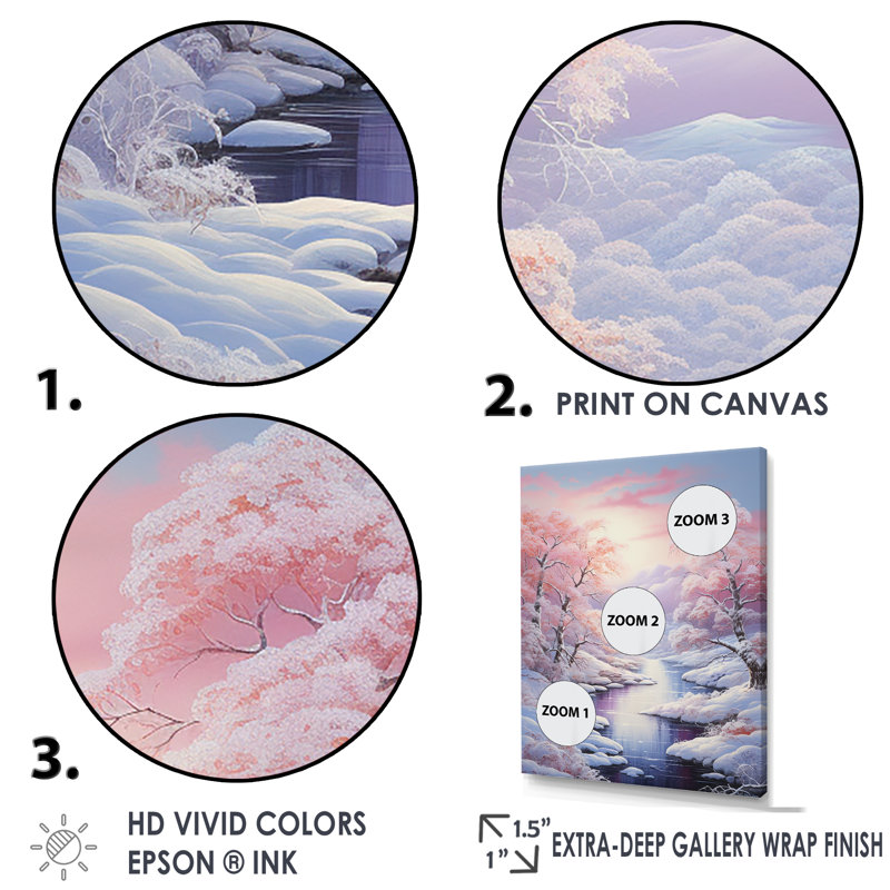«Winter River Snow Charm Landscape I - Snow», reproduction d'art sur toile, Cadre photo doré simple