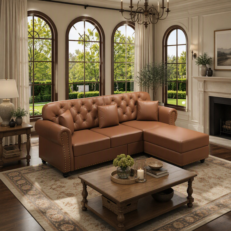 Canapé Chesterfield 82,6 po rembourré en similicuir avec garniture cloutée et accoudoirs roulés, canapé Chesterfield moderne de style Mid-Century capitonné avec boutons, brun