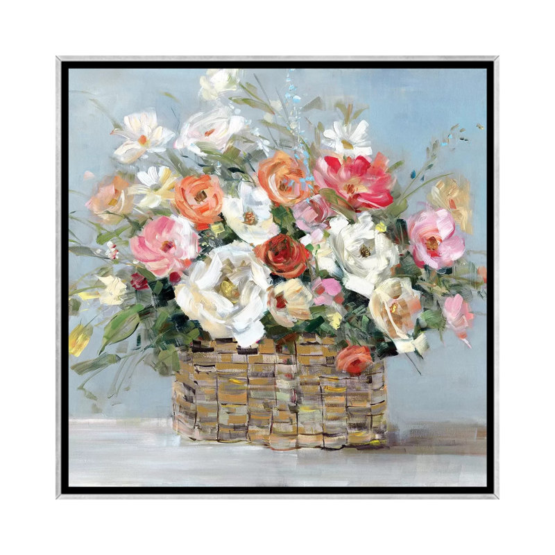 «Flower Market Fresh» par Sally Swatland - impression d'art graphique, H 37 po x l 37 po x P 1,5 po, Toile avec cadre argenté