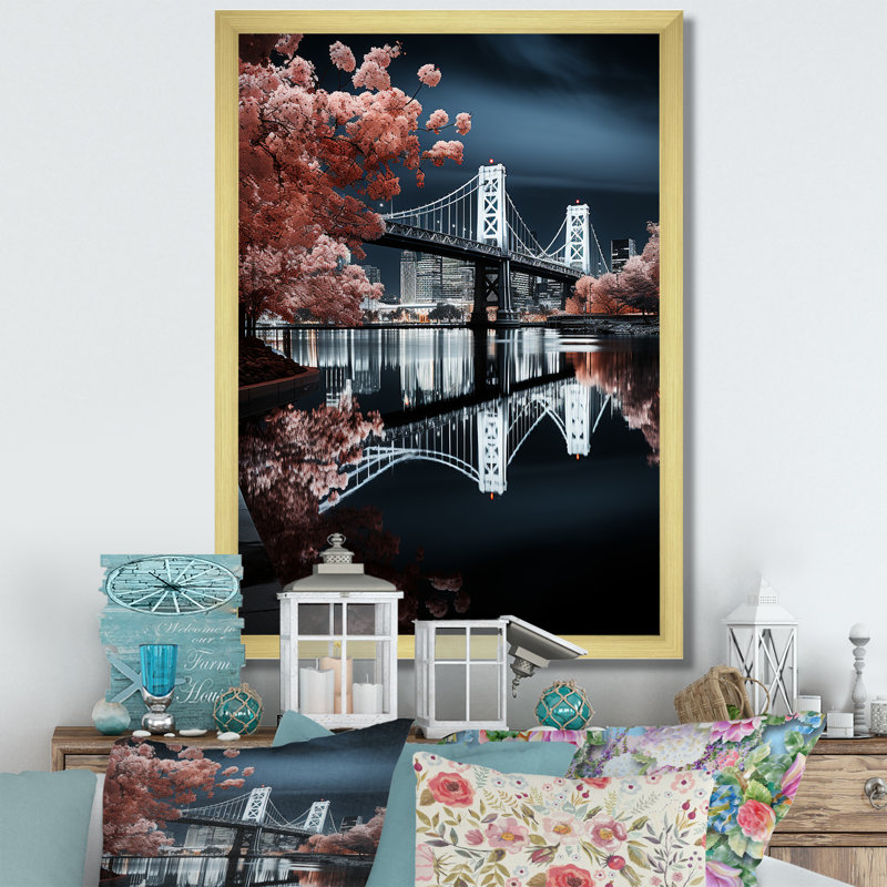 Magnifique pont urbain illuminé, H 20 po x l 12 po x P 1 po, Encadrement doré