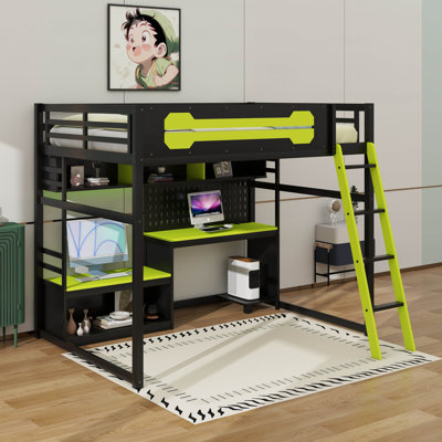 Lit mezzanine en bois pleine grandeur avec bureau, tablettes, lumières DEL, ports USB et panneau perforé