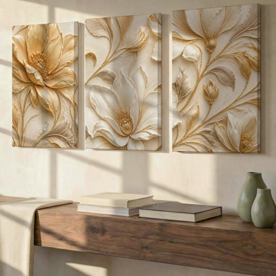 3 Pieces Exculisive Ivory and Gold Floral Relief Large Wall Art Elegant Botanical Panorama Canvas, Canvas Decor for Living Room, Bedroom and Office