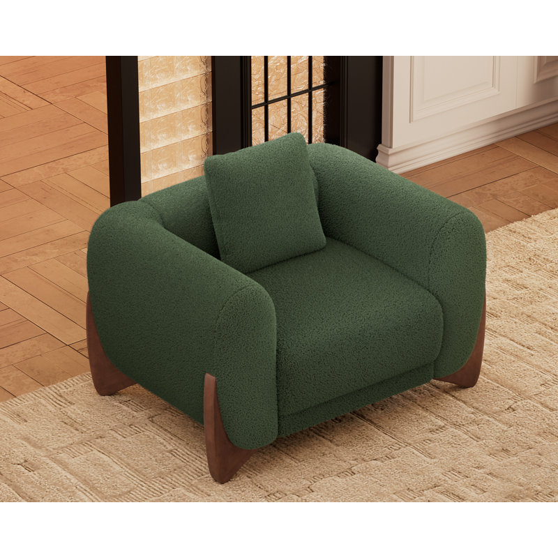 Modern Bouclé Armchair with Tilted Wooden Legs, Green
