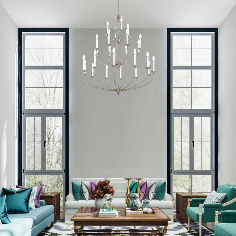 Lustre étagé style chandelier à 24 lumières Maynes, Nickel brossé