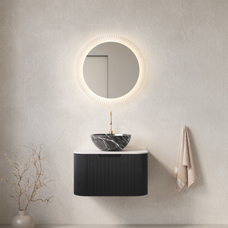 Meuble-lavabo de salle de bain mural 24 po avec lavabo, lavabo mural 24 po à bordures courbées et flottantes avec tiroir en céramique et motif de pierre, couleur pré-assemblée