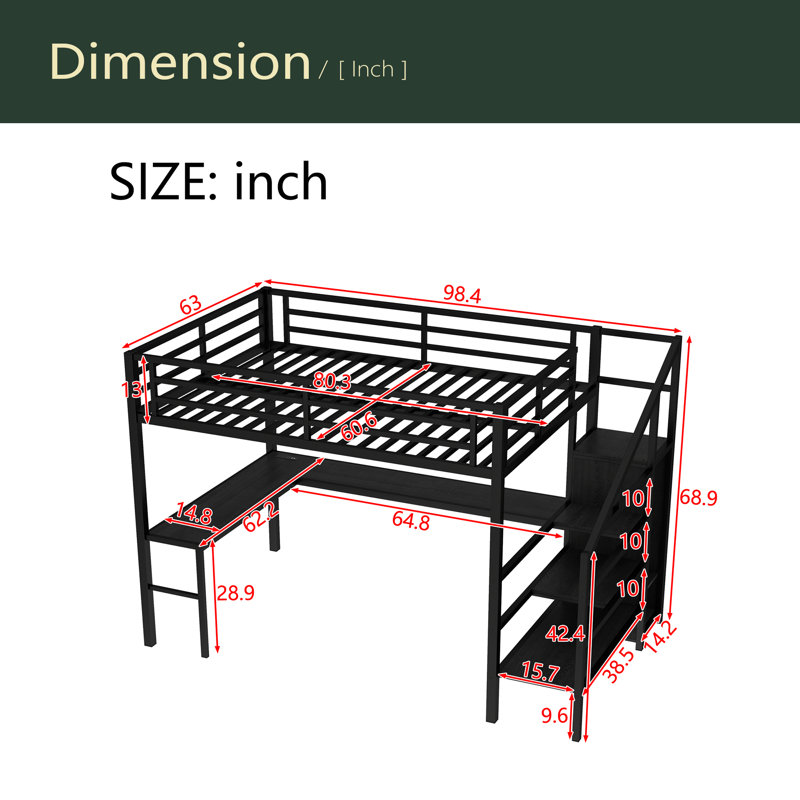 Grand lit mezzanine avec bureau en L et port USB, lit mezzanine en métal avec garde-robe et tablette réglable, lit mezzanine haut avec DEL pour enfants, adolescents, adultes