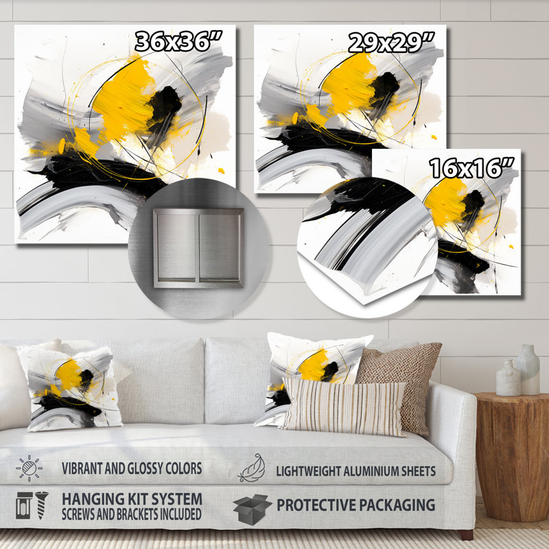 «Fragments of Feeling Yellow and Grey III», reproduction d'art murale abstraite, Métal métal, H 30 po x l 30 po