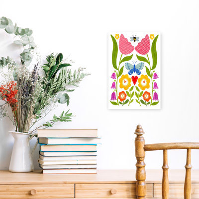 Folk Art Garden Whimsical Abstract Butterfly Bee Nature Spring Wall Art Print 1 Piece Wrapped Canvas Wall Art