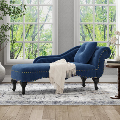 Aurielle Modern Neoclassical Velvet Chaise Lounge with Button Tufted Scrolled Backrest, Nailhead Trim, and Decorative Pillow