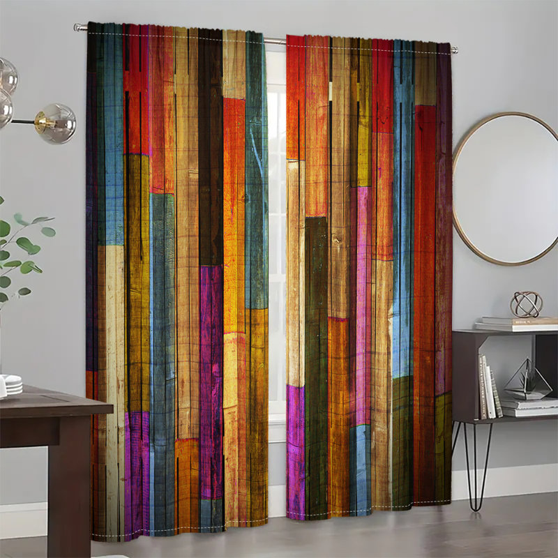 2Pcs,Colorful Plank Wooden Texture Printing Window Curtains & Drapes For Living room Bedroom Kitchen Office Guest room, Suitable for all Seasons,Soft Fiber Fabric,Light Filtering,Machine Washable.