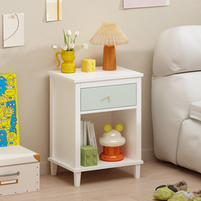 Table de chevet en bois 26,77 po de hauteur avec un tiroir et une tablette pour enfants, adultes, sauge et poignée dorée