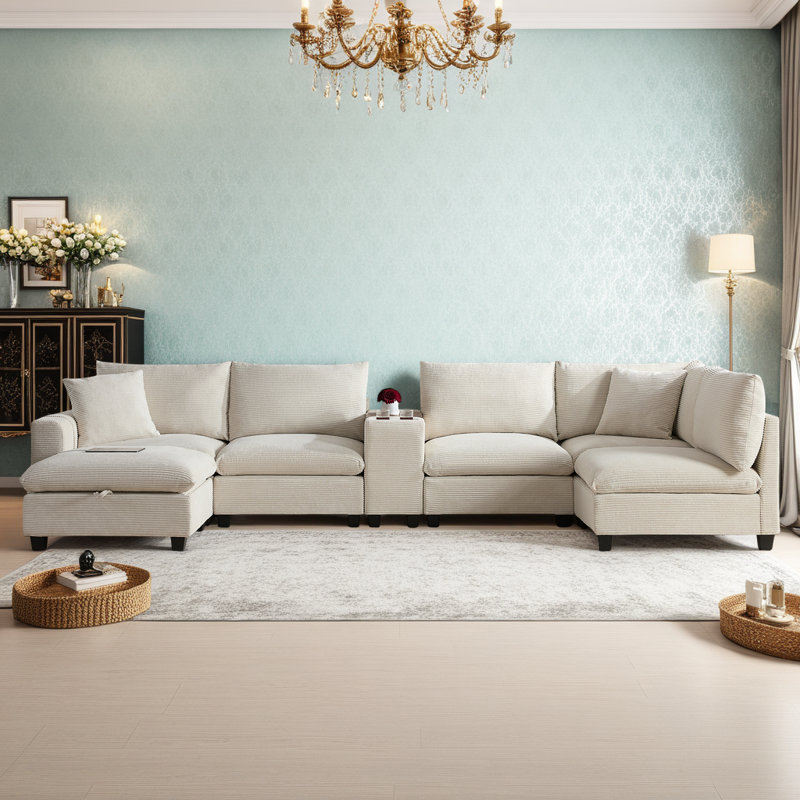 Canapé modulaire avec repose-pieds de rangement, ports de chargement USB, porte-gobelets de console, coussins en mousse