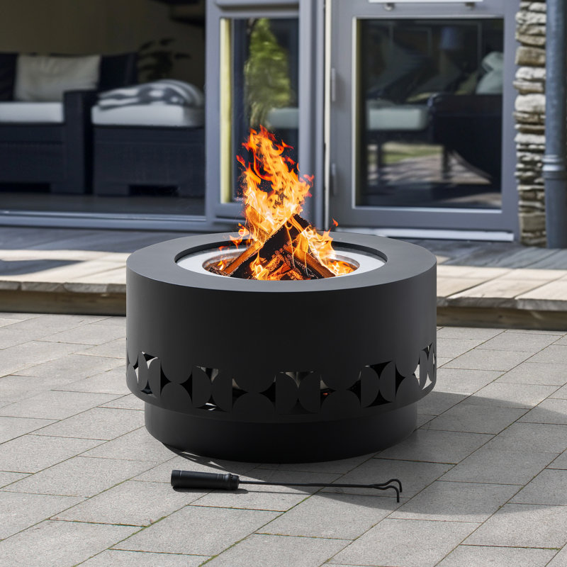 Sunjoy 28" Smokeless Fire Pit, Stainless Steel Outdoor Wood Burning Bonfire Pit with Removable Ash Pan, Waterproof Cover and Fire Poker for Backyard, Patio and Camping, Matte Black