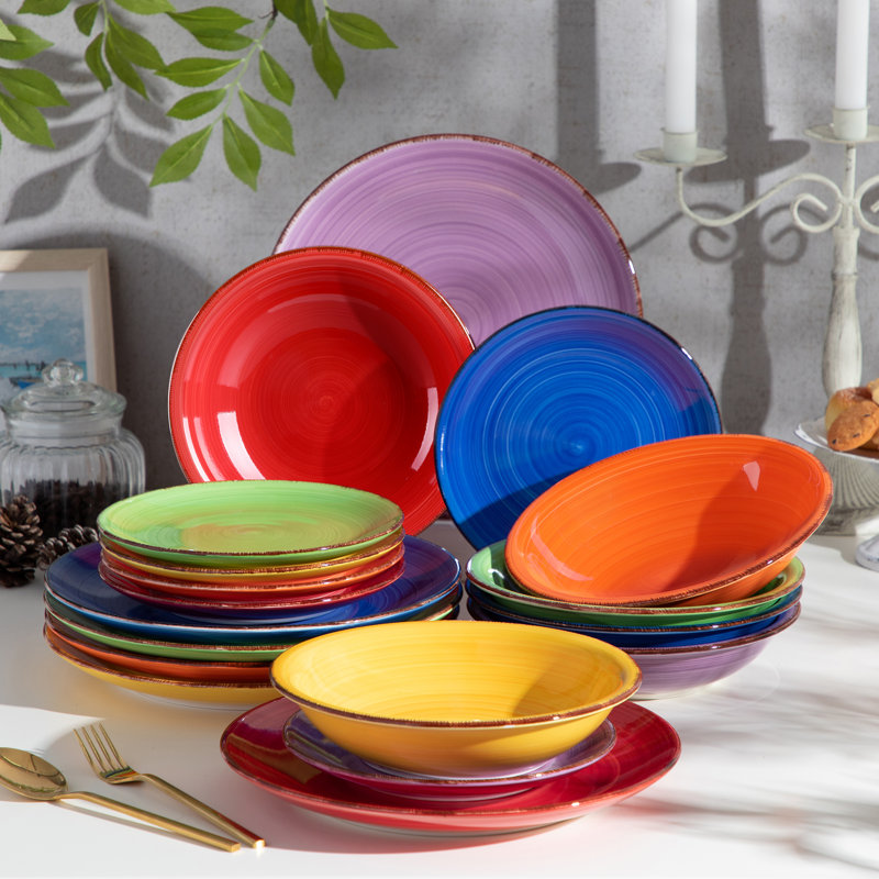 Ensemble 18 pièces de vaisselle colorée à motif de pois peints à la main pour 6 personnes, assiettes en céramique terre cuite et bols à soupe, vaisselle Boho